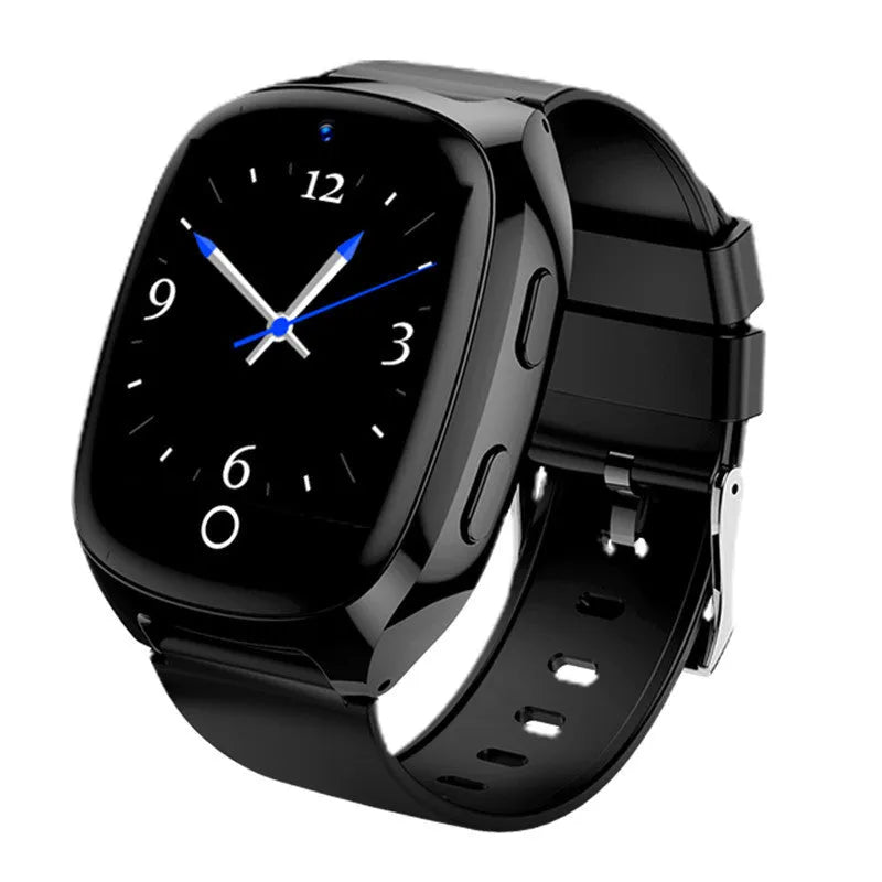Black GPS tracker smartwatch with 1.54-inch touch screen showing SOS function interface
