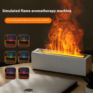 Square black USB aroma diffuser with colourful flame lighting effect and water tank