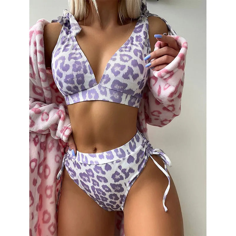 Women's purple leopard print sleeveless lace-up top with matching high-waist shorts