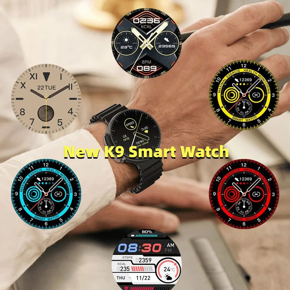K9 Smart Watch with round screen on silicone strap, shown in black, orange, silver brown, or yellow.