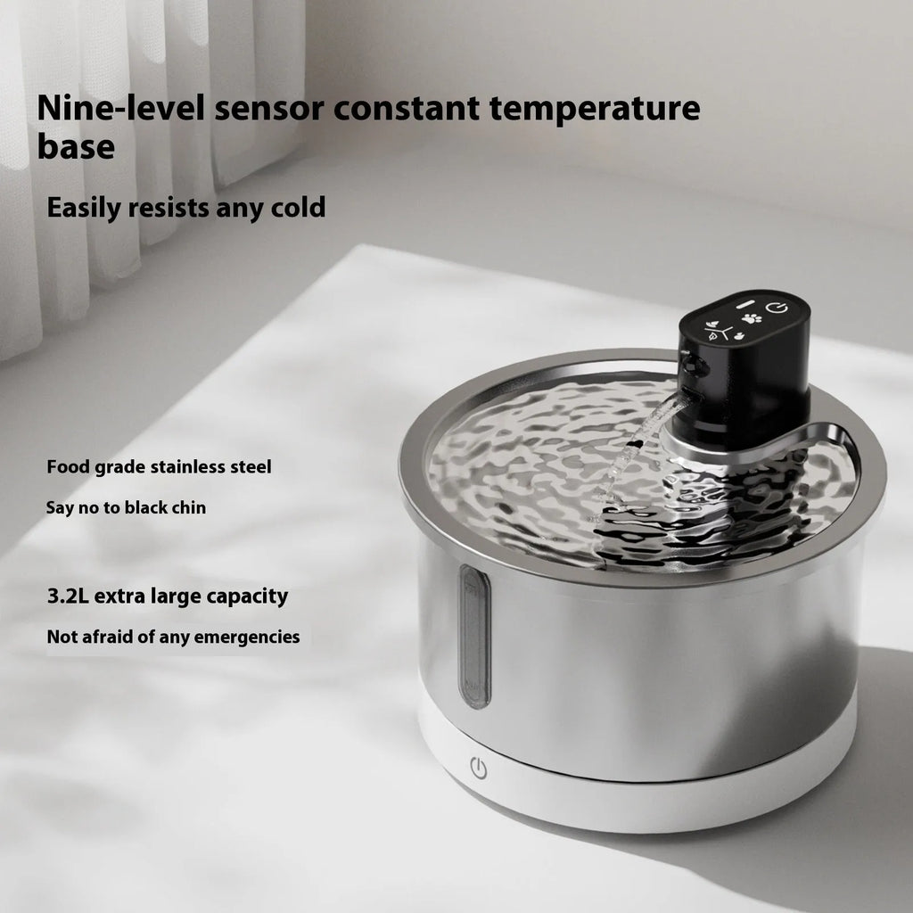 Stainless steel heated pet water fountain with temperature control base for dogs and cats