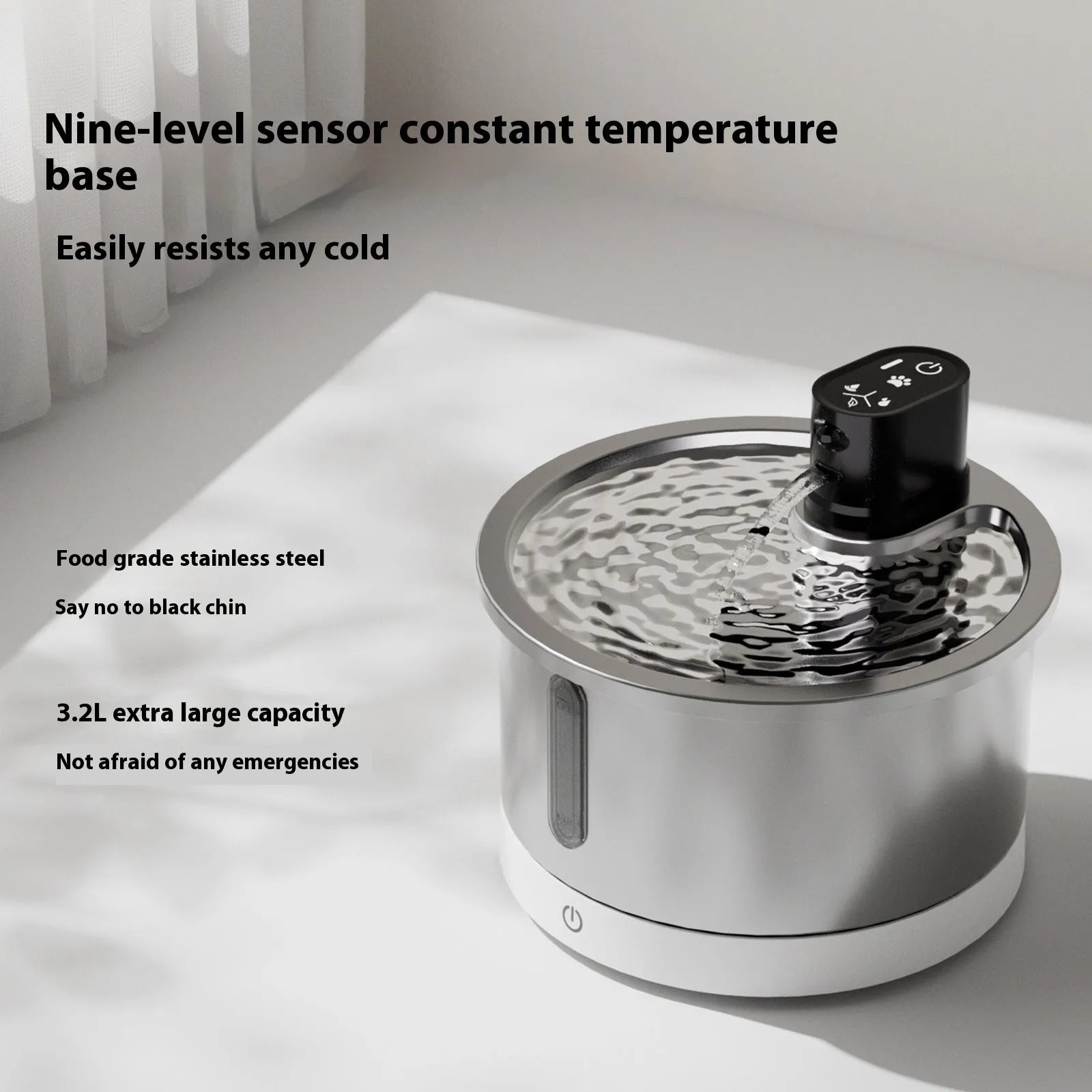 Stainless steel heated pet water fountain with temperature control base for dogs and cats