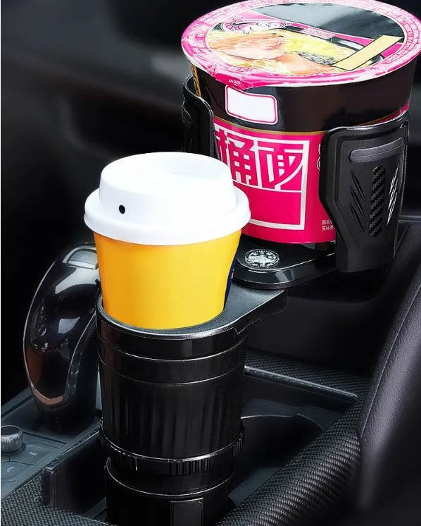 Black car water cup holder with adjustable base showing retracted and extended positions