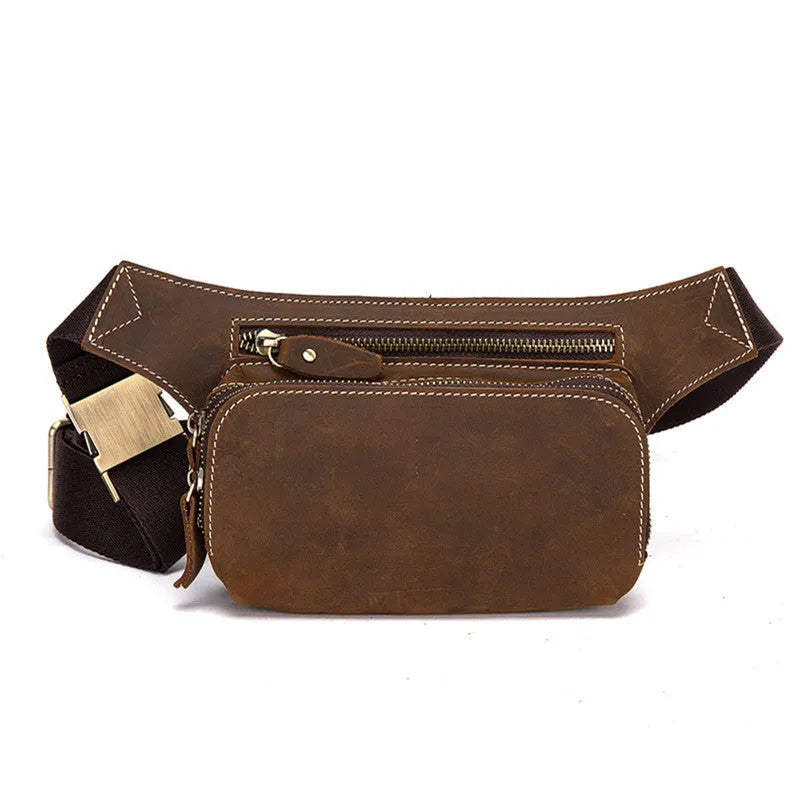 Brown leather men's sports waist bag with pull closure and phone compartment