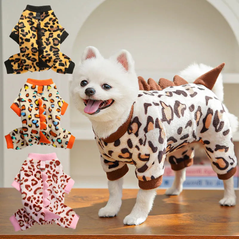 Four-legged leopard print dinosaur dog jumper in pink, polyester, sizes XS to 2XL for French Bulldogs