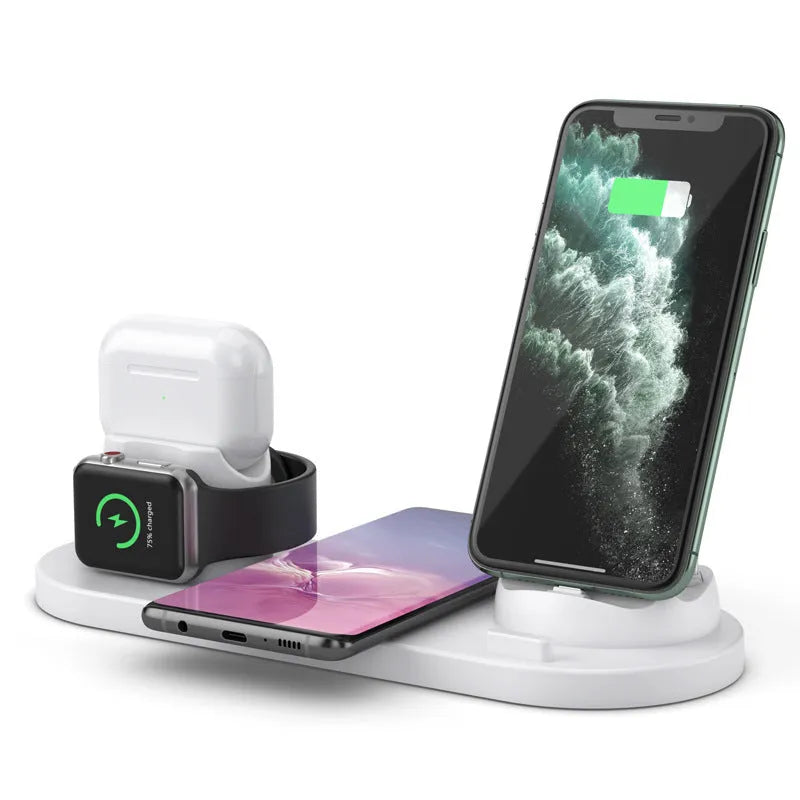 Black and white 6-in-1 wireless charging phone holder with AirPods and iWatch charging areas