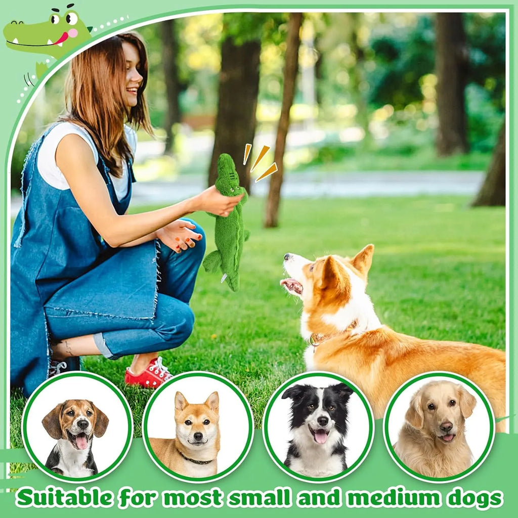 Green crocodile-shaped plush dog toy with no stuffing, featuring a squeaker and crinkle paper for interactive play.