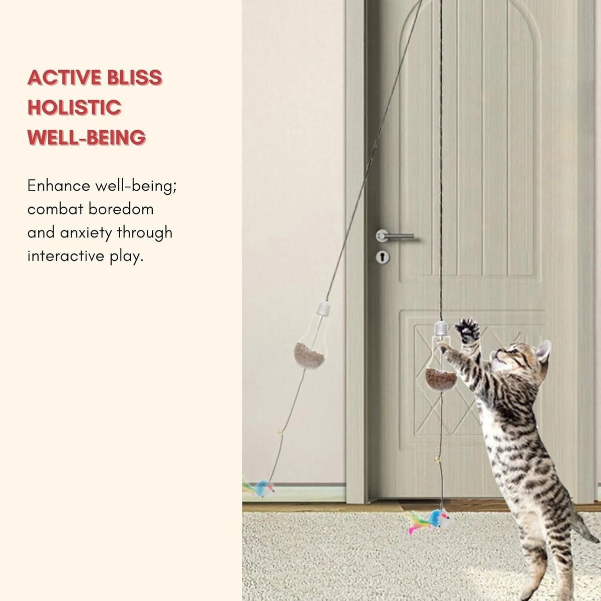 Interactive cat toy hanging on door frame with elastic rope, dangling mouse toy, and treat reward bulb