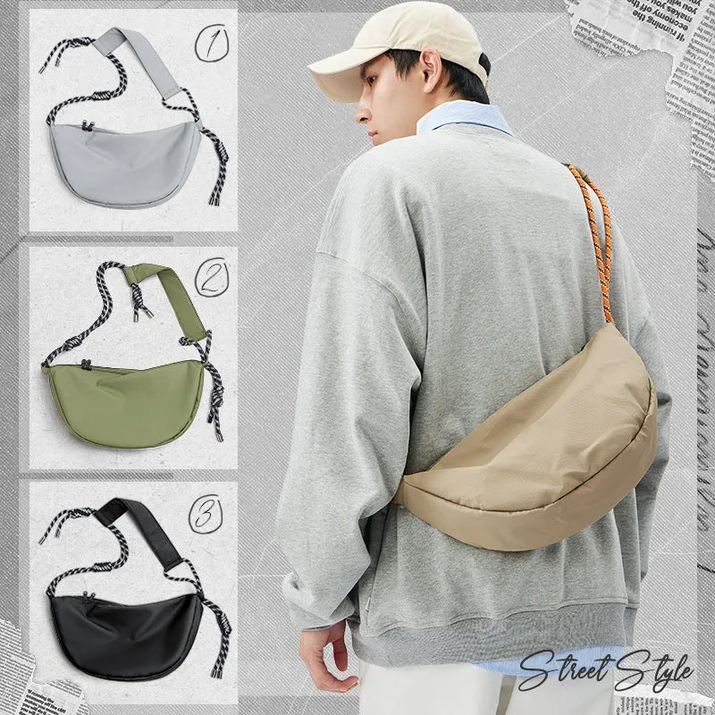 Men's nylon messenger backpack in black, grey, khaki, or army green, showing large capacity and shoulder strap.