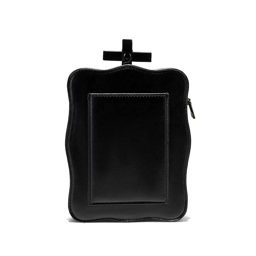 Black Halloween skull mini messenger bag with stitching, rivets, and detachable shoulder chain