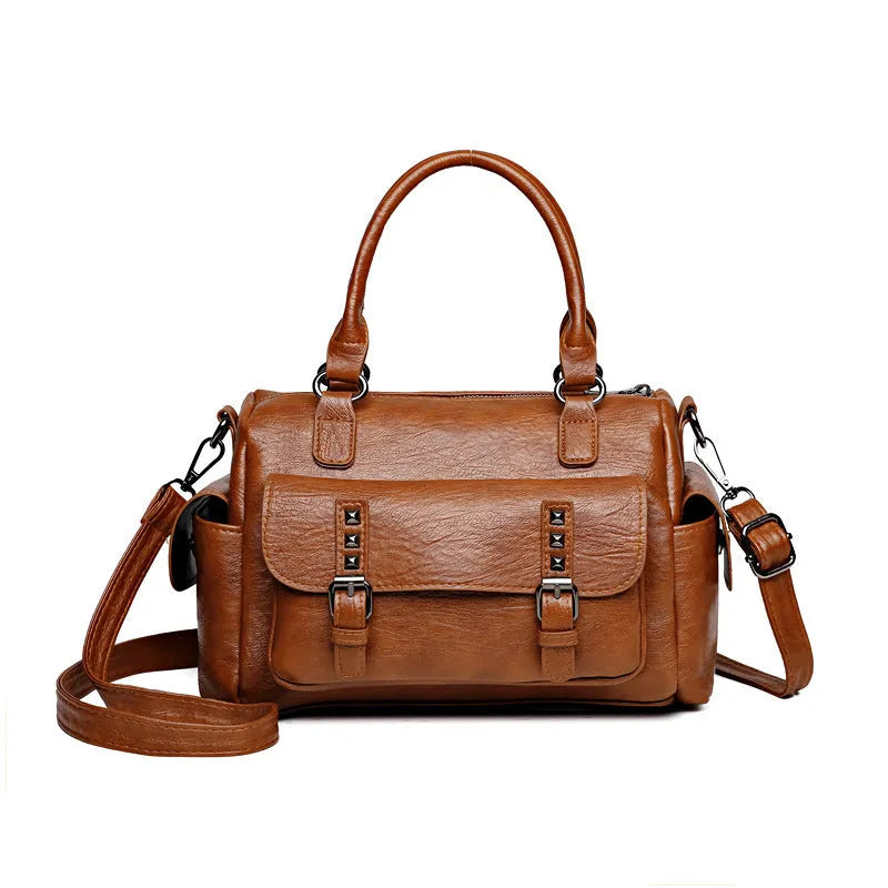 Large vintage messenger bag in PU leather with contrast stitching, shown in horizontal square shape.