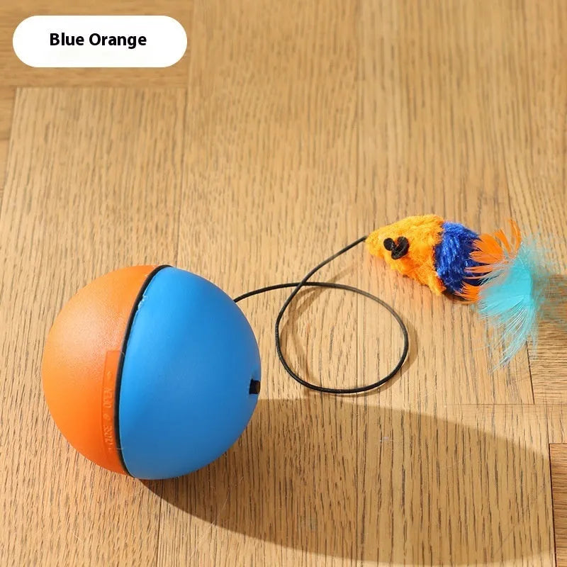 Automatic cat teasing ball with plush mouse attachment in blue orange and dark grey colours