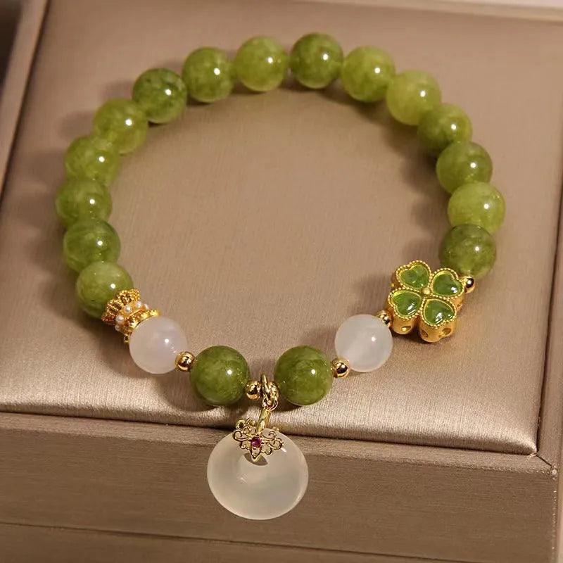 Women's green tourmaline four-leaf clover safety buckle bracelet in New Chinese style
