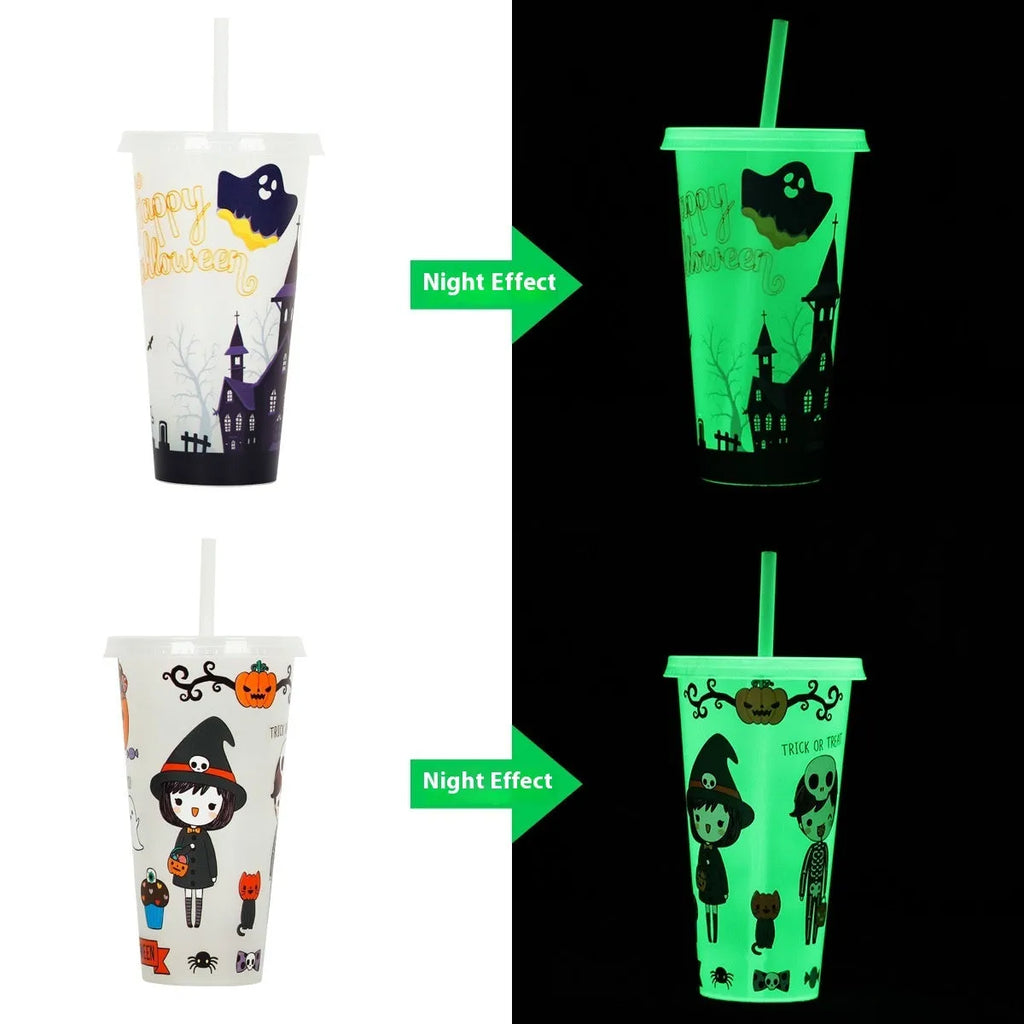 720ml luminous plastic sippy cup with straw for Halloween, cylindrical shape with purple/green glow