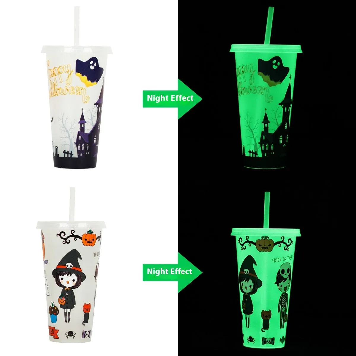 720ml luminous plastic sippy cup with straw for Halloween, cylindrical shape with purple/green glow