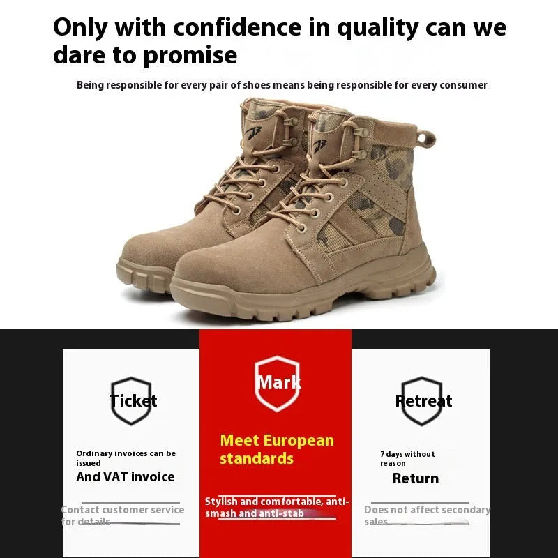 Khaki high-top safety boots with steel toe cap and lace-up front