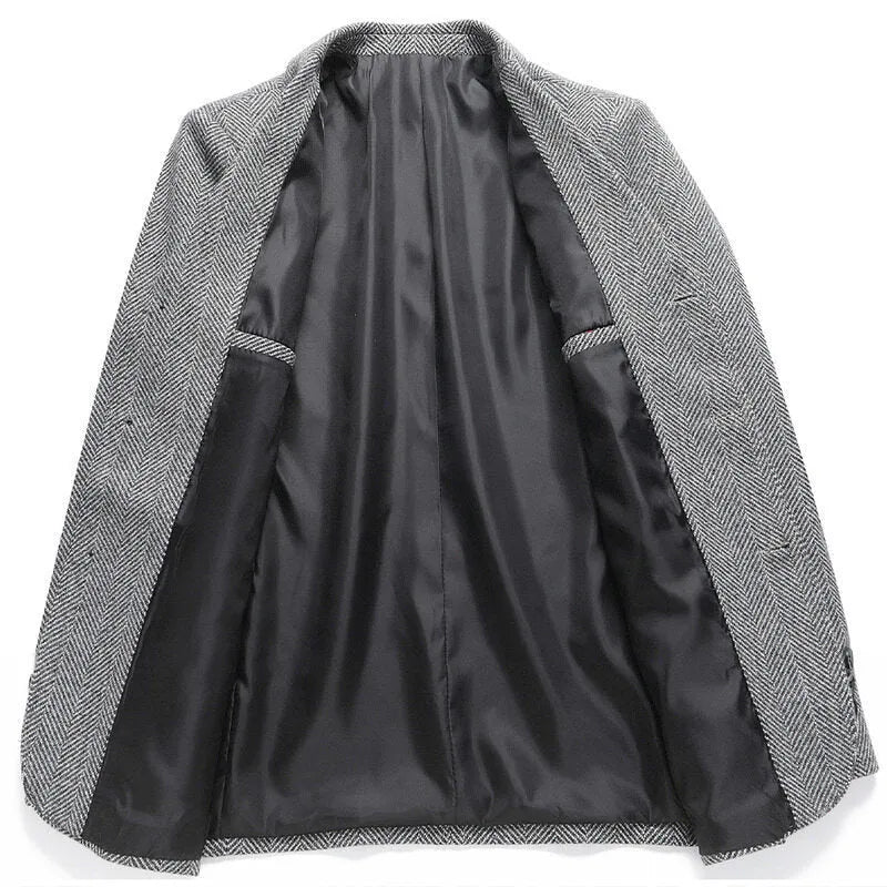 Man wearing a loose-fit solid colour wool blend casual coat for spring or autumn.