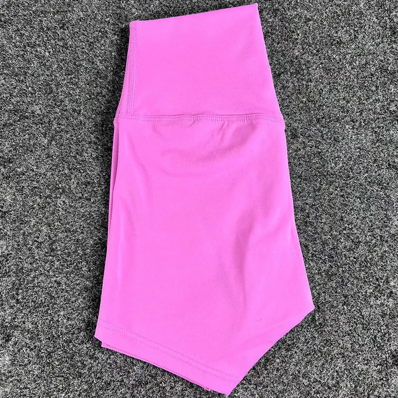 Ladies high-waist yoga shorts in moisture-wicking nylon fabric, shown in various colours