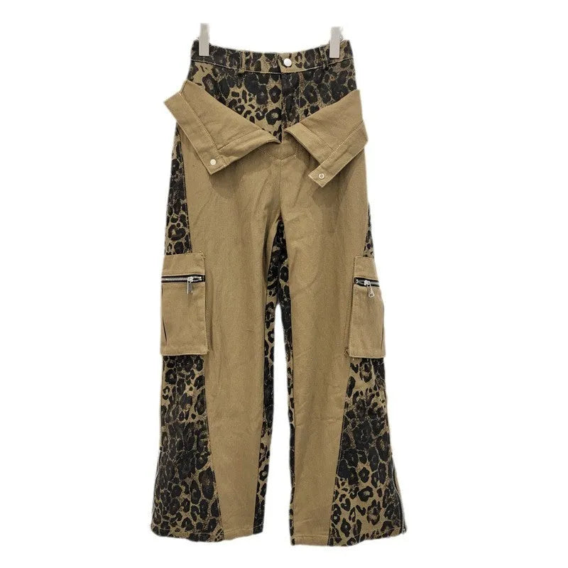 Women's retro high waist straight leg jeans with leopard print pattern on dark khaki denim and tooling style details