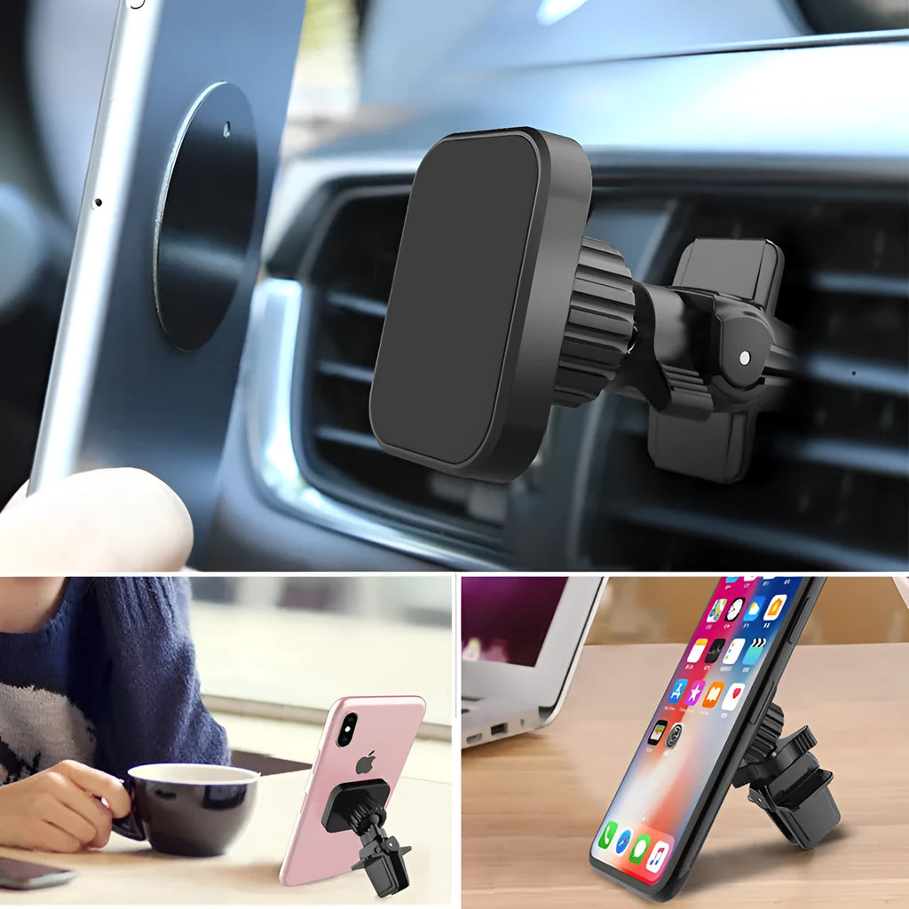 Black magnetic car phone holder mounted on car air conditioning vent