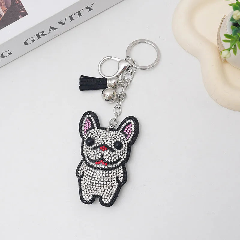 French dog rhinestone keychain with cartoon animal pendant in caramel colour
