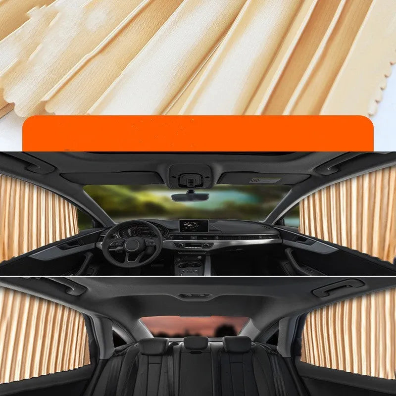 Retractable car sun curtain with thick opaque cloth in gold, silver, or black colours