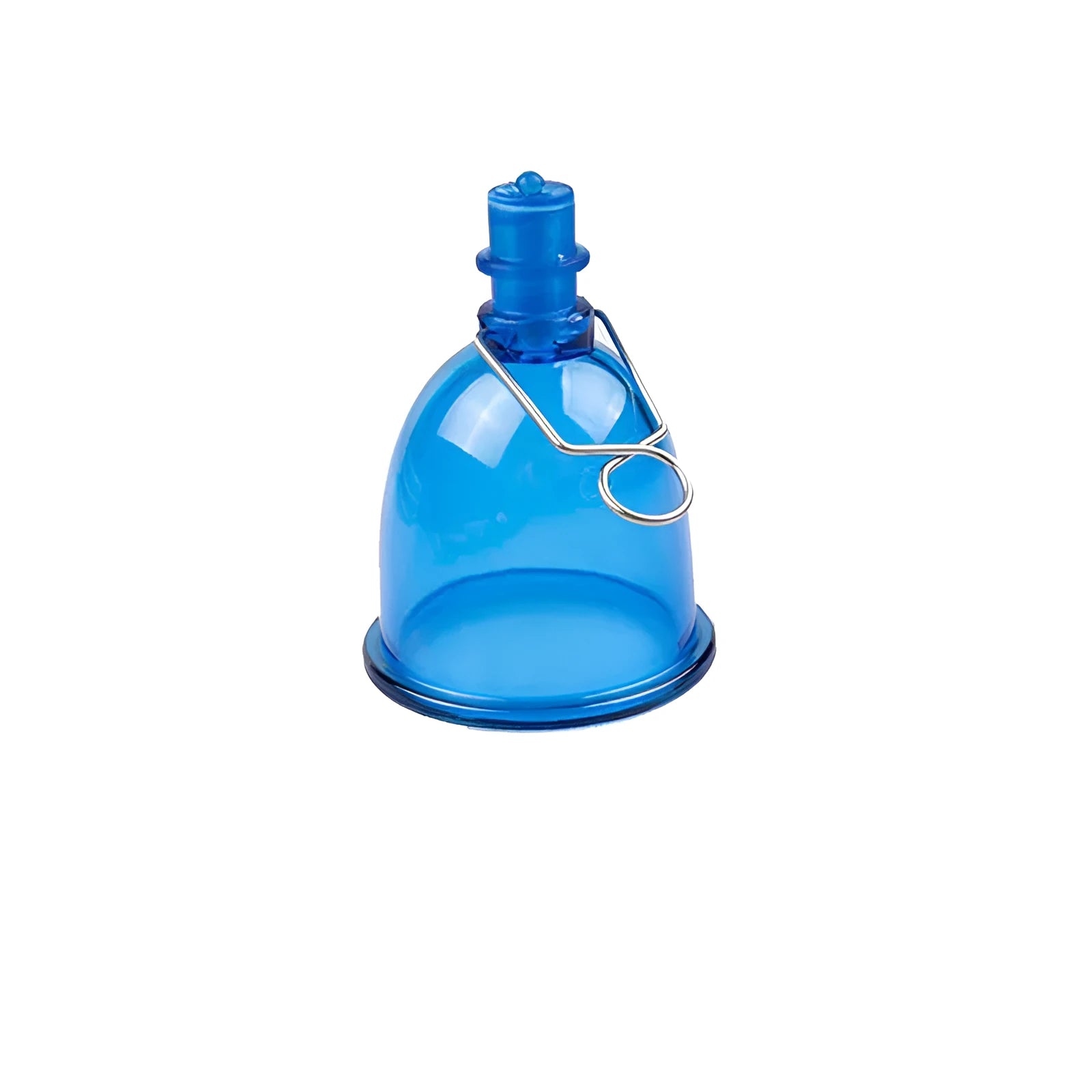 Blue silicone male masturbator cup shown in small, medium, and large size options.