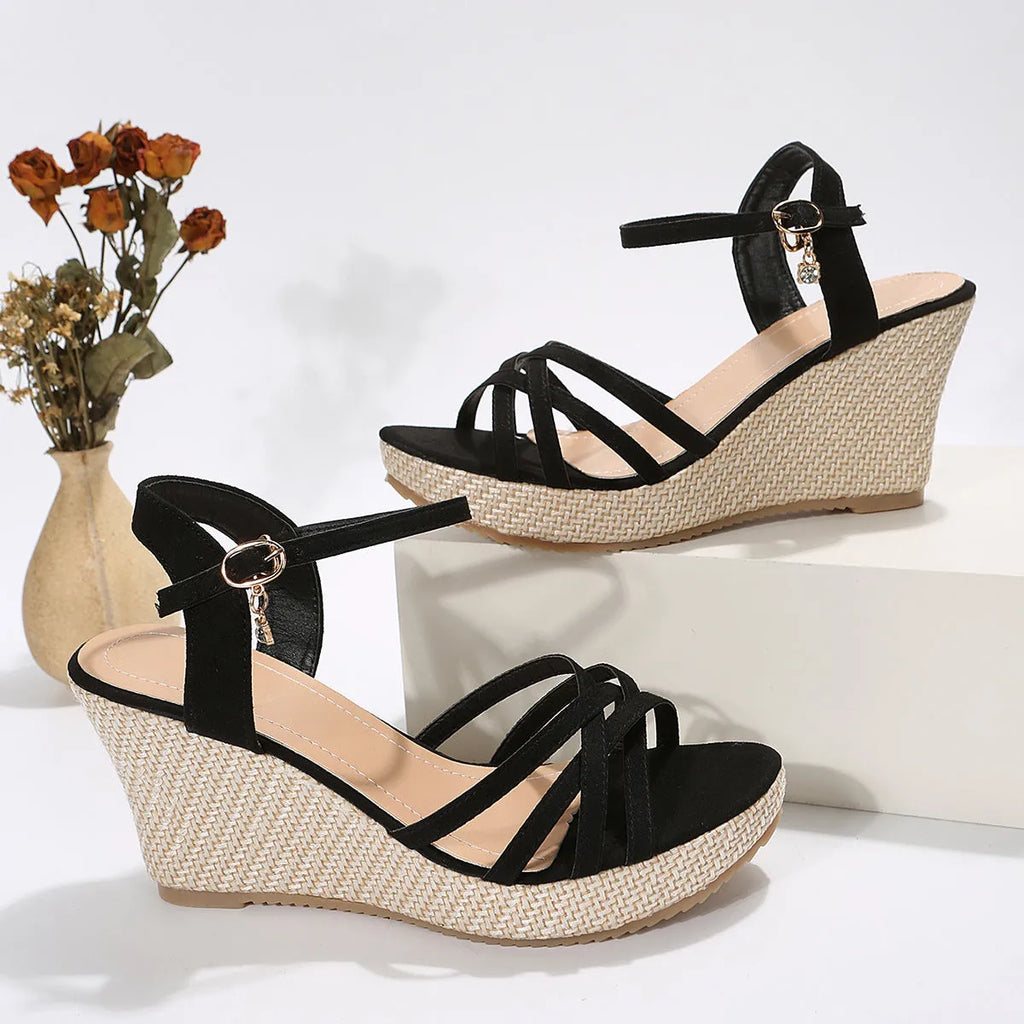 Women's wedge sandals with fish mouth toe design in black cloth upper