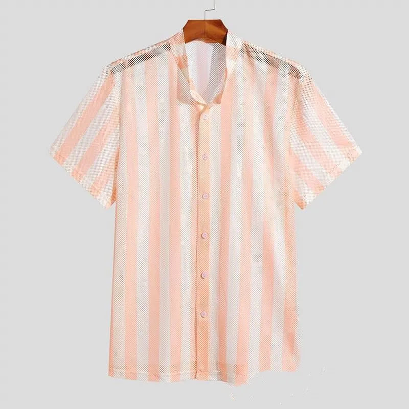 Pink men's casual shirt with waffle texture fabric and short sleeves in loose cardigan style