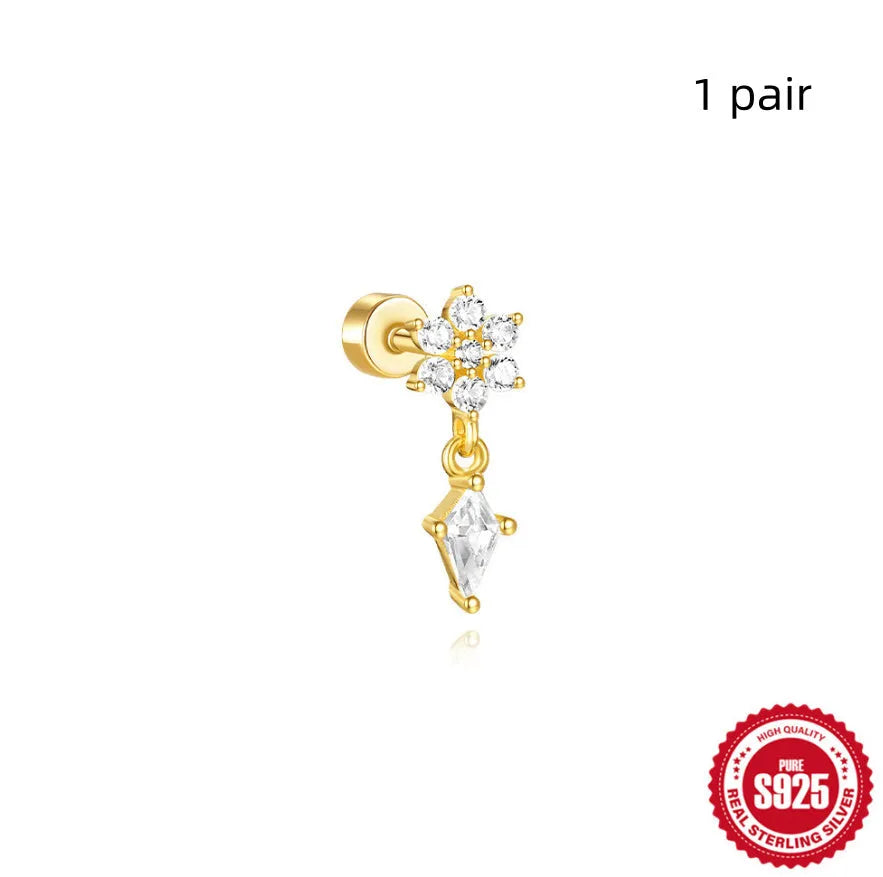 S925 sterling silver flat column geometric ear bone stud with threaded post in a gold colour finish.