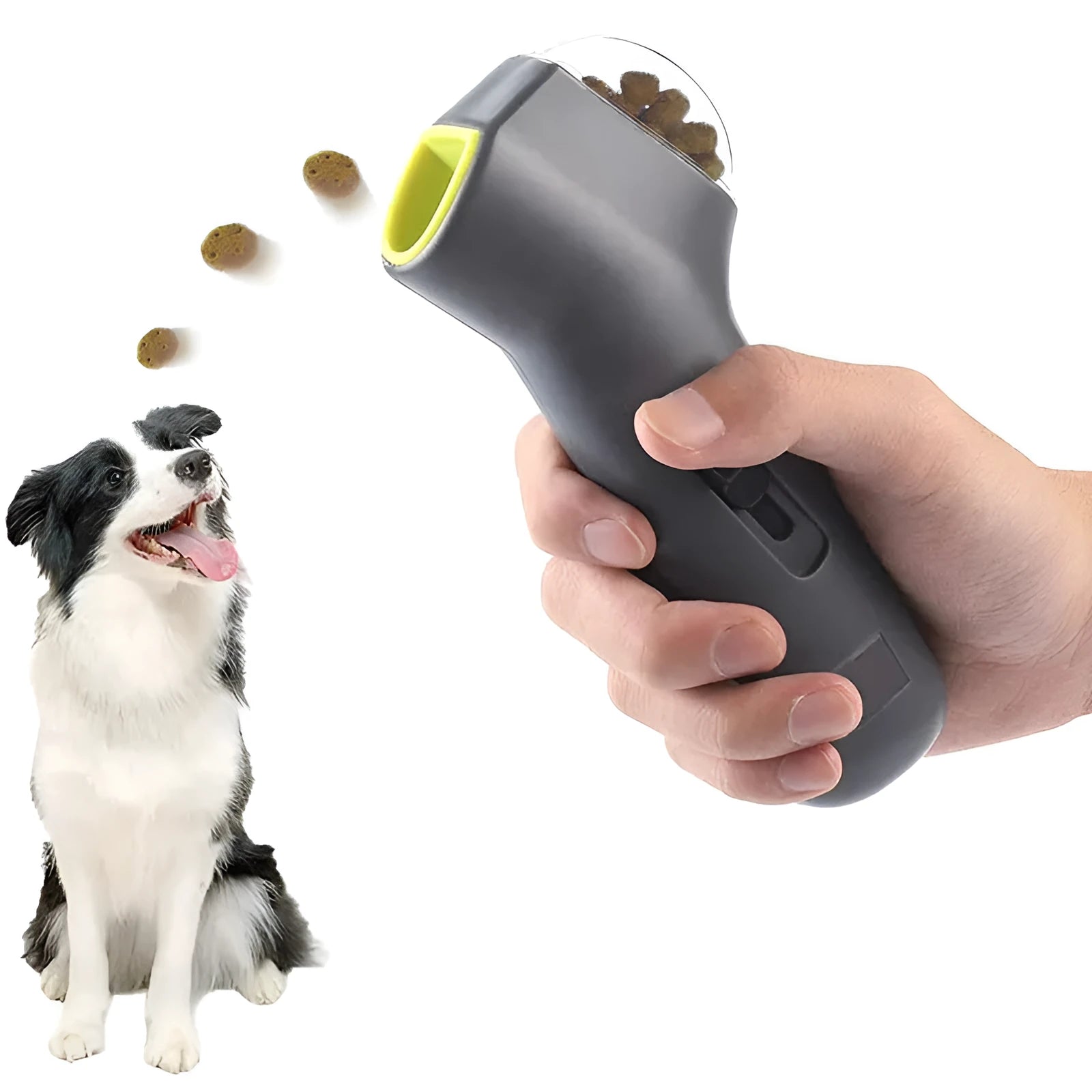 Grey plastic pet treat launcher catapult with ergonomic handle for dog and cat training