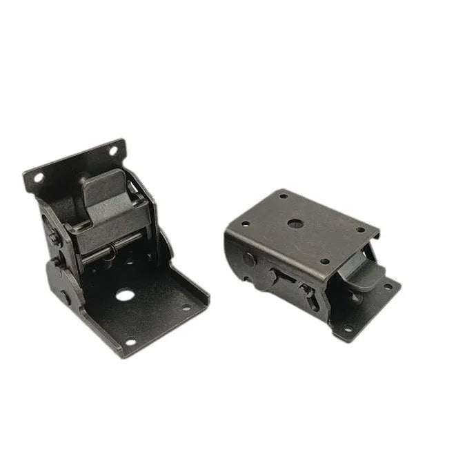 Furniture folding hinge with self-locking mechanism showing 0-90 degree adjustment