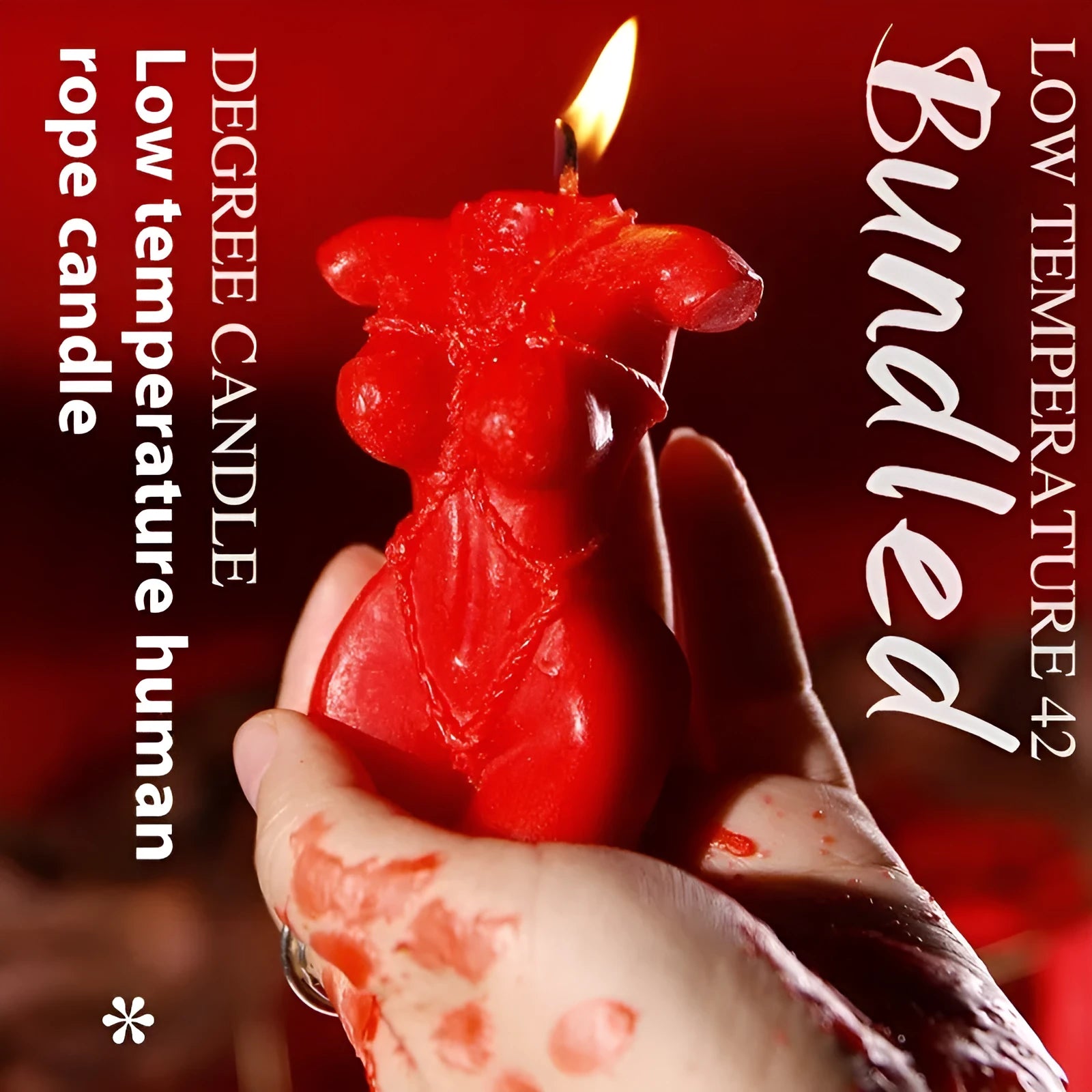 Soy wax low temperature massage candle in rose red, pink, or purple with bikini design.