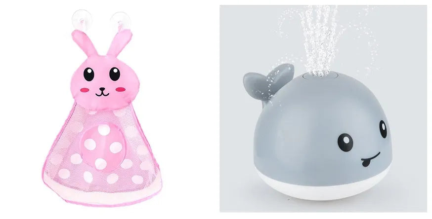 Whale-shaped electric bath toy spraying water with coloured LED lights, shown with base unit on blue background