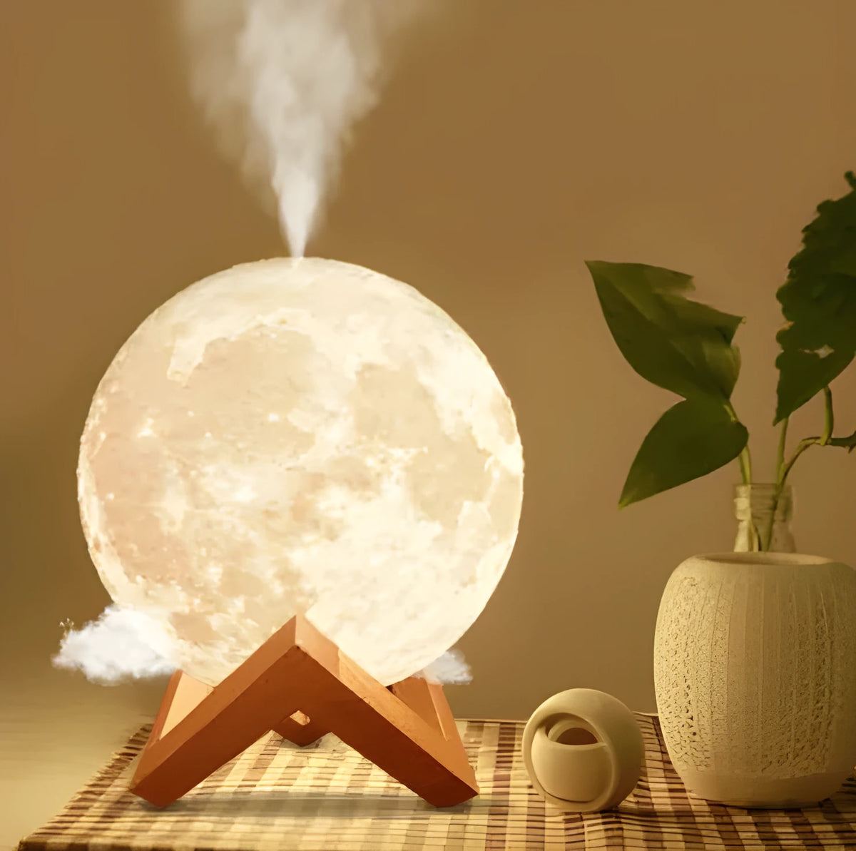 Lunar humidifier night light with wood set finish, 13cm diameter sphere