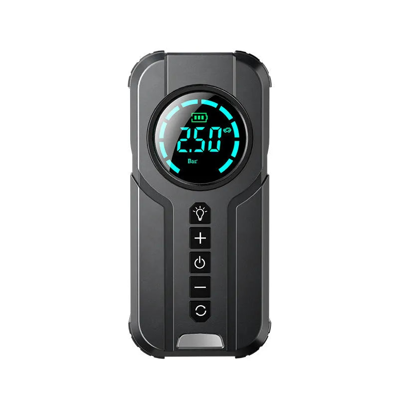 Black wireless portable car air pump with digital gauge, 6000mAh battery, and assorted valve adaptors on a grey background.