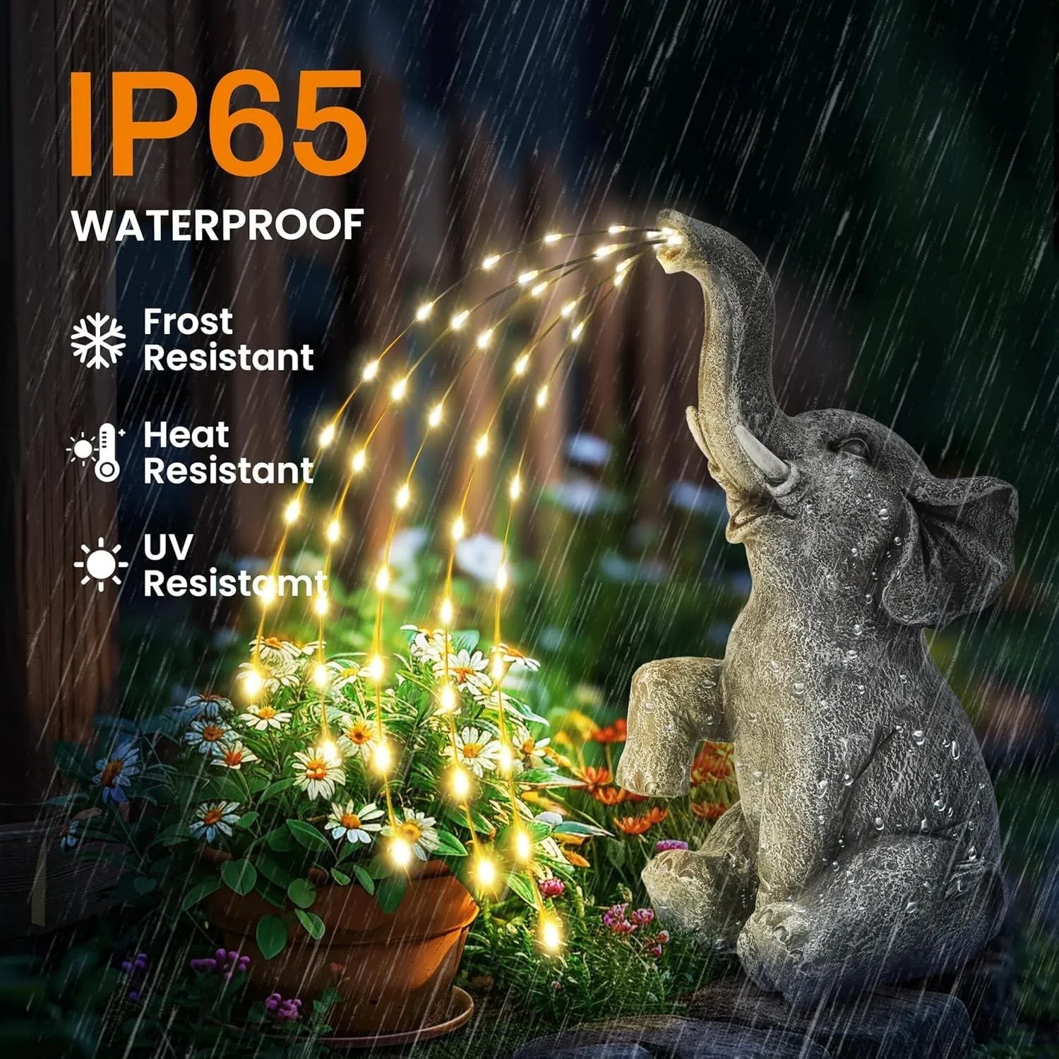 Elephant resin garden sculpture with integrated LED lighting, suitable for outdoor or indoor decorative use