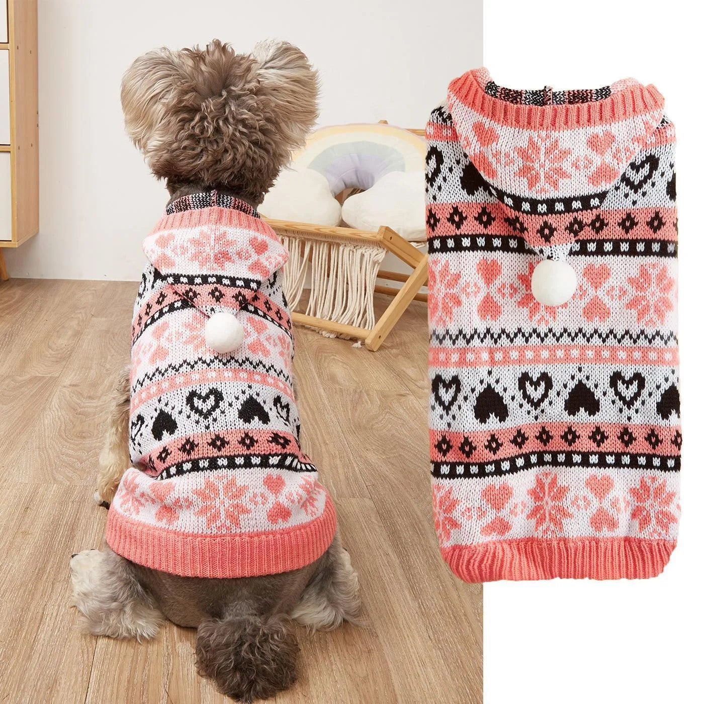 Pink knitted dog sweater with snowflake, love heart and stripe camouflage pattern on a small dog.