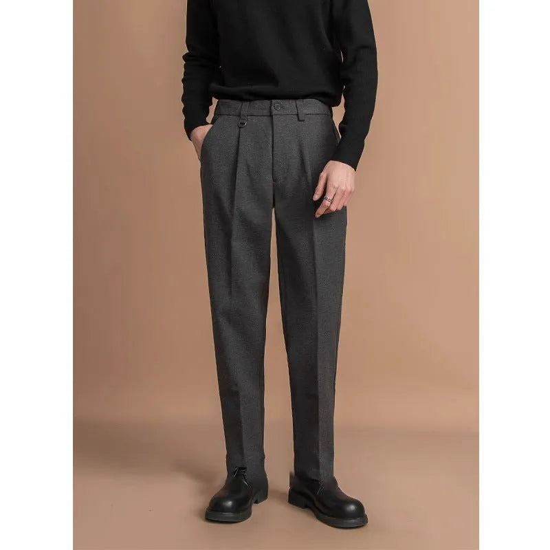 Men's straight leg casual trousers in polyester fabric, shown in a light business style.