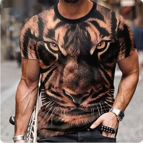 Men's grey T-shirt with a raised 3D lion head print on the chest, showcasing texture and detail.