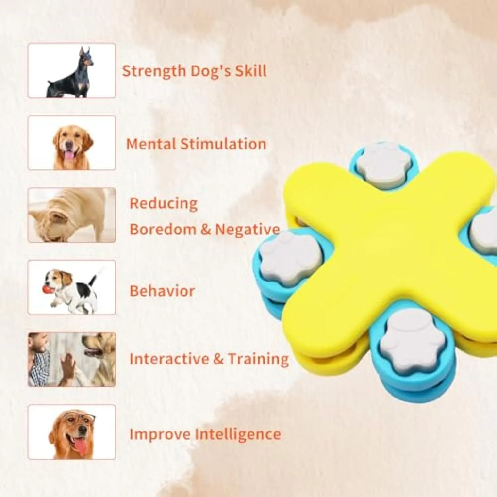 Yellow three-layer rotating dog food puzzle feeder with anti-slip rubber base