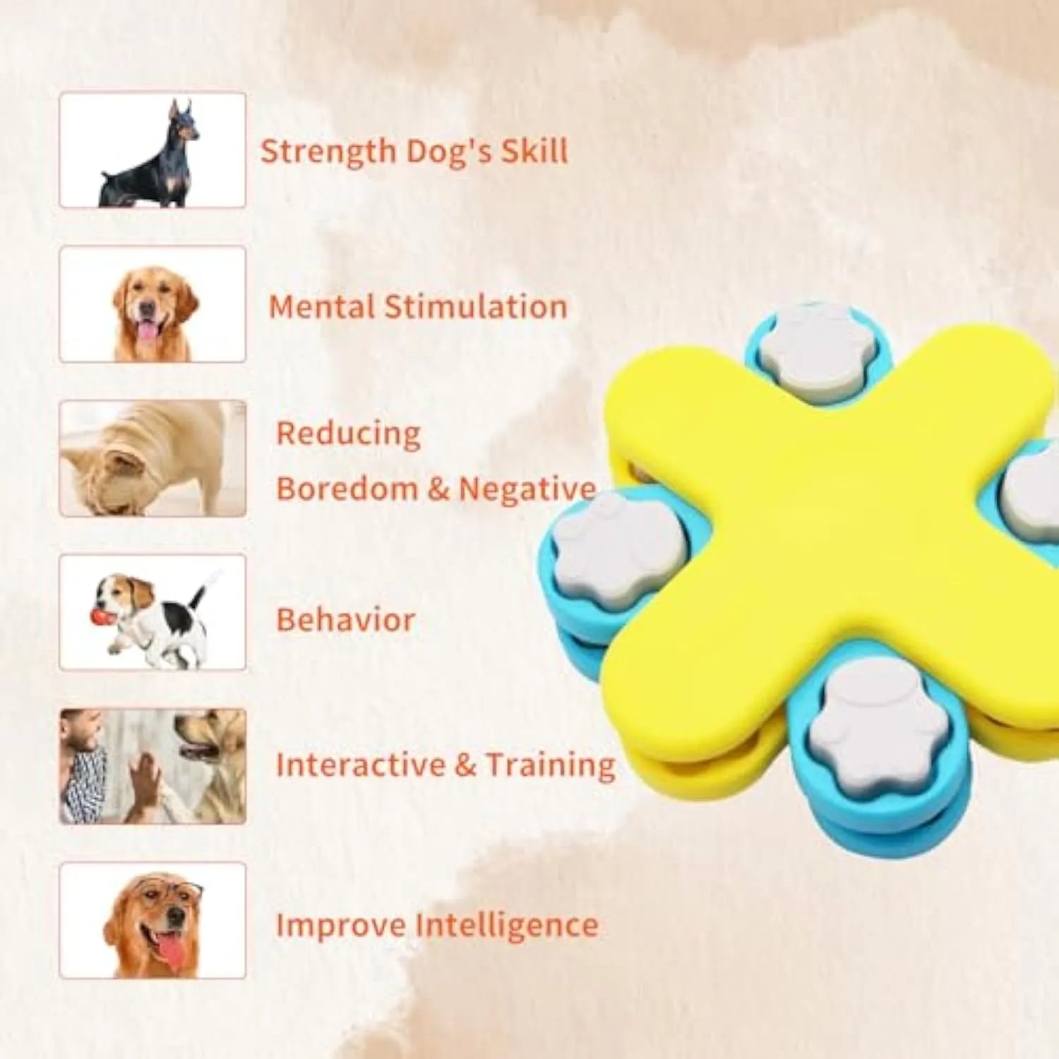 Yellow three-layer rotating dog food puzzle feeder with anti-slip rubber base