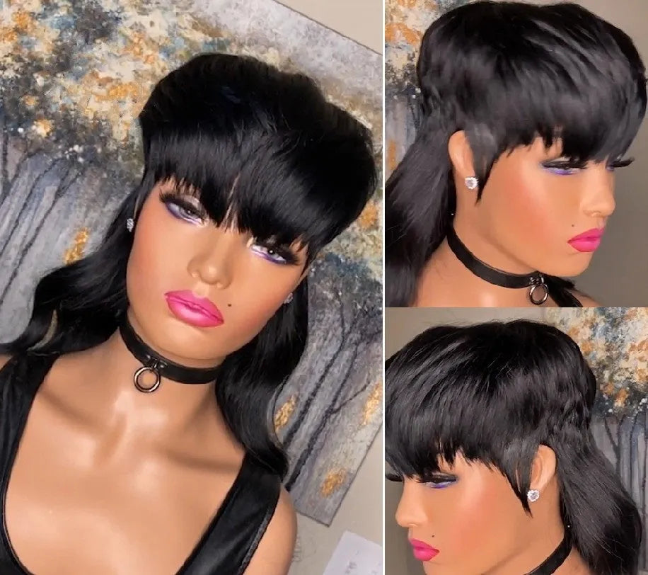 Black Brazilian wig with short back and long front bangs made from high-temperature fibre