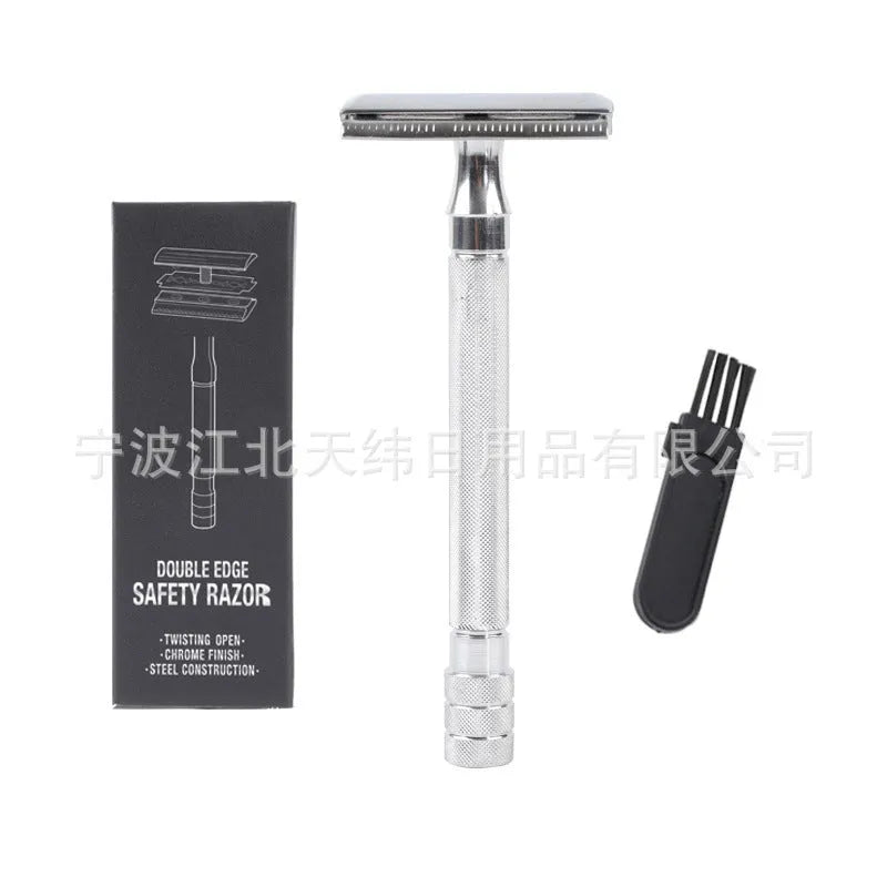 Traditional manual metal shaver with chrome plating and included shaving brush