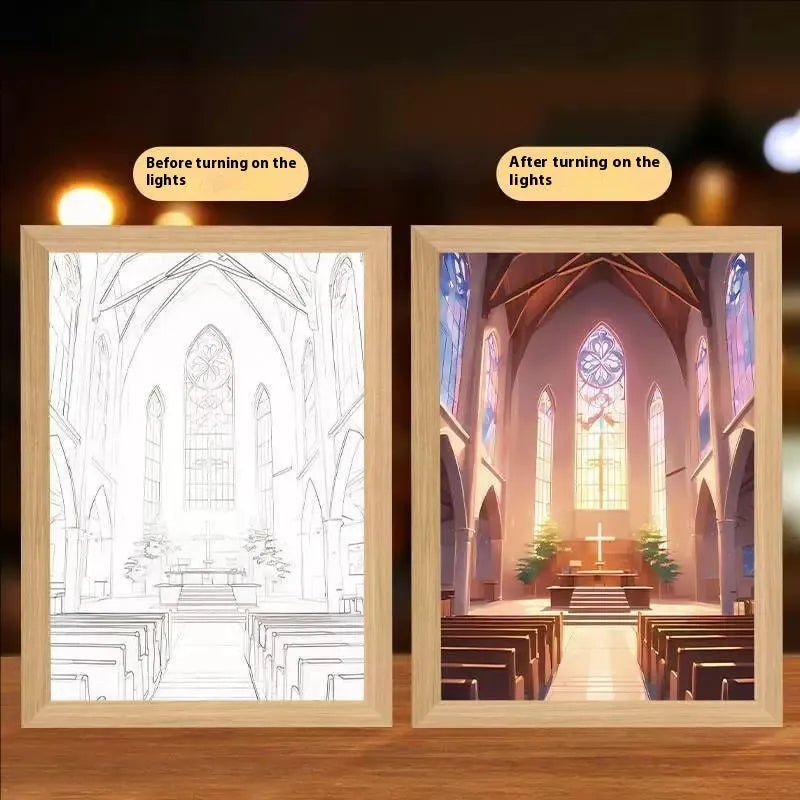 Handmade rectangular light painting digital photo frame displaying spiritual image with USB cable