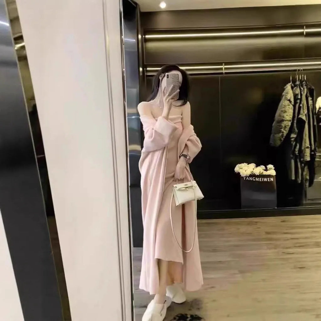 Women's grey knitted cardigan and dress sweater suit set showing both pieces laid flat.