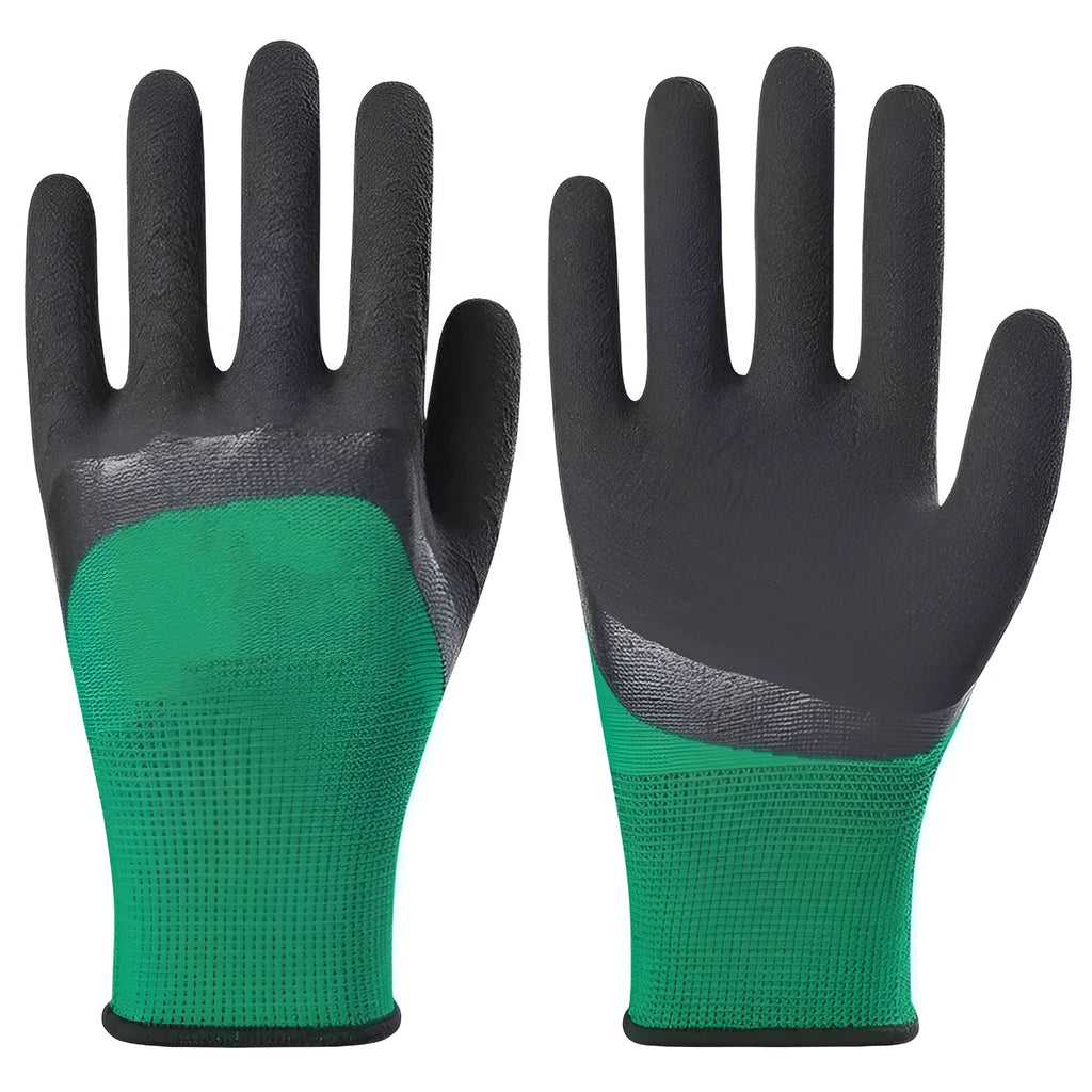 Black and green rubber work gloves shown flat, size M with a length of 22-24cm