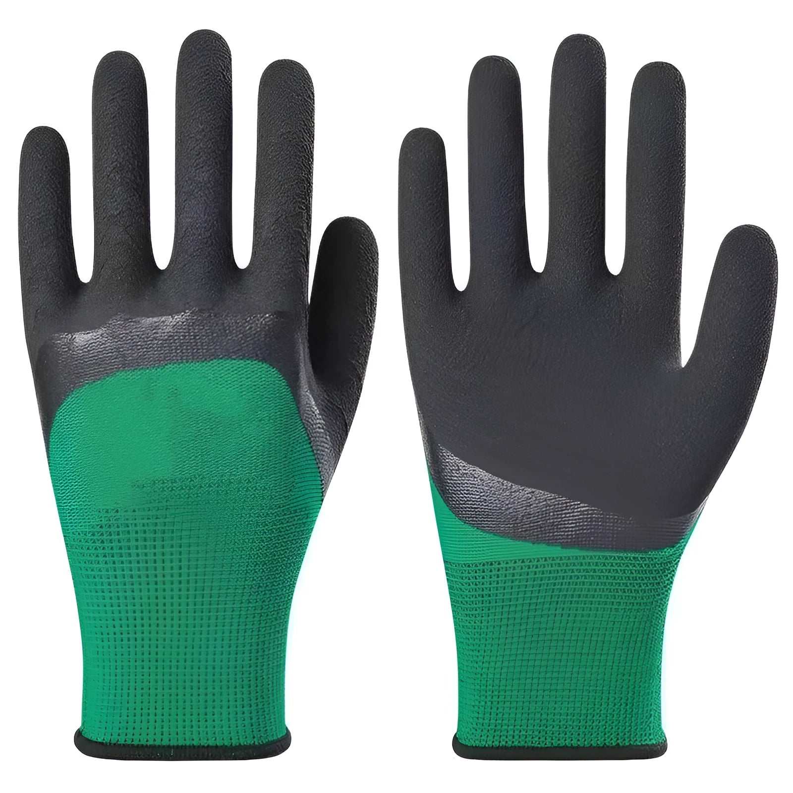 Black and green rubber work gloves shown flat, size M with a length of 22-24cm