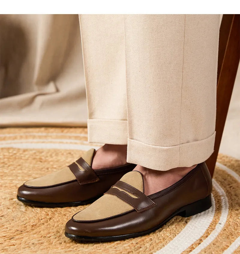 Men's coffee grey suede Belgian loafers with a slip-on design and rubber sole