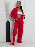 Men's grey striped polyester two-piece leisure set with zipper sweater and matching trousers